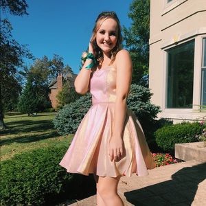 Blush and Gold Strapless Homecoming Dress